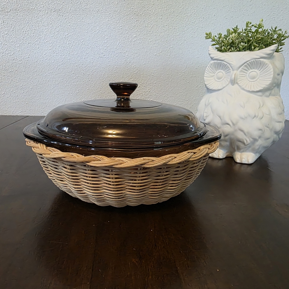 Pyrex Brown Glass Casserole Dish with Wicker Holder